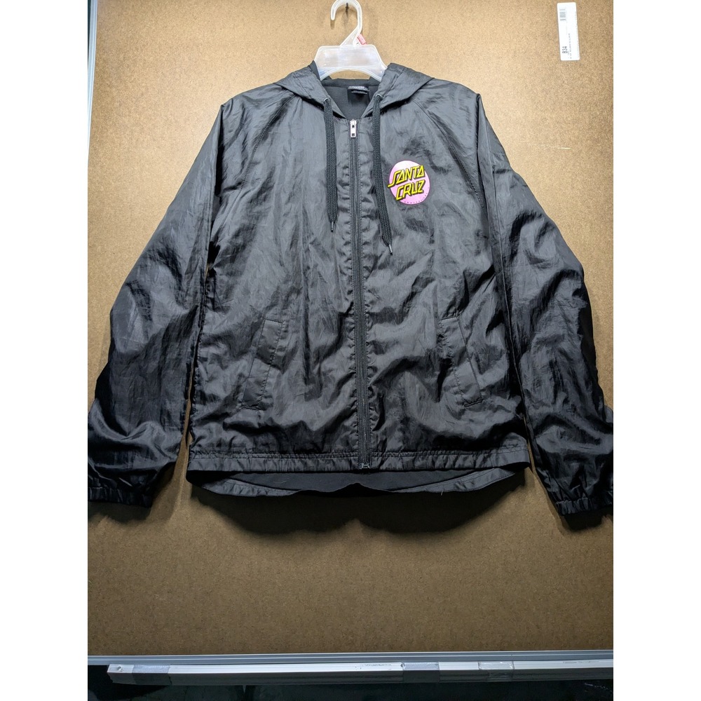 Santa Cruz Skateboards Black Windbreaker Hooded Jacket Pink Dot Logo Mens Medium